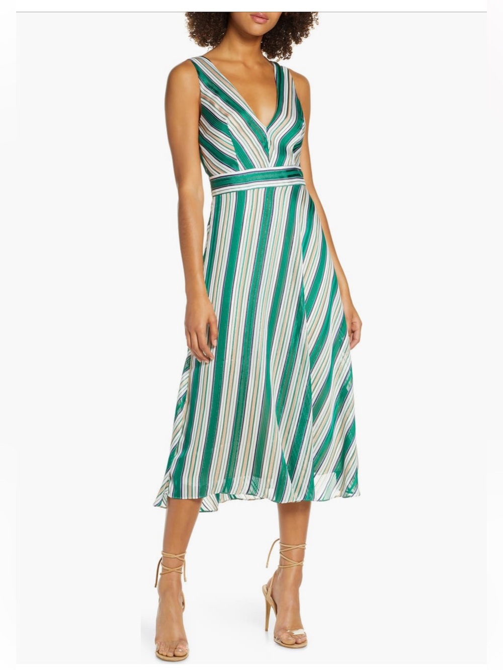 Chelsea28 Green White Blush Gold Striped V-Neck Midi Dress Bias Cut